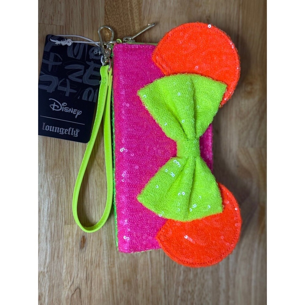 LOUNGEFLY Minnie Mouse Exclusive Color Block Neon Sequin wristlet